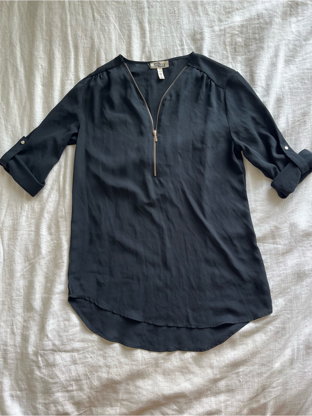 Semi-Sheer High-Low Black Tunic with Gold Zipper